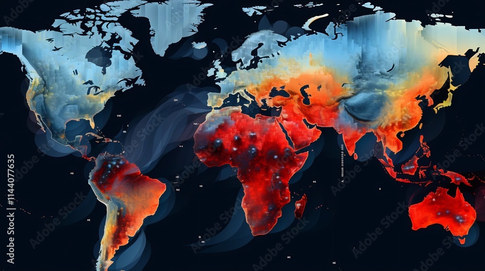 Poster detailed global map showcasing climate change projections and data visualizations layered on a world