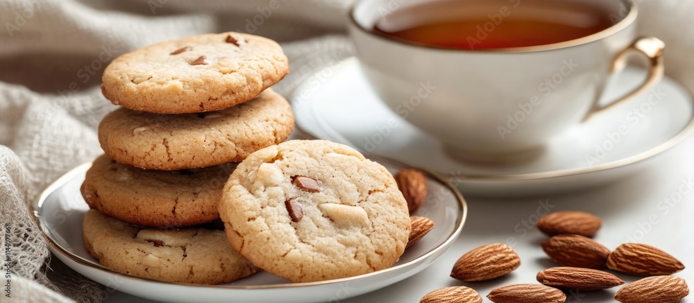 Poster homemade almond cookies served with a cup of tea on a cozy table setting for a warm inviting atmosph