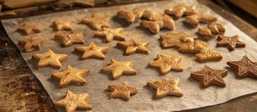 Homemade star-shaped cookies arranged on waxed paper showcasing different sizes and textures ready for baking and decoration