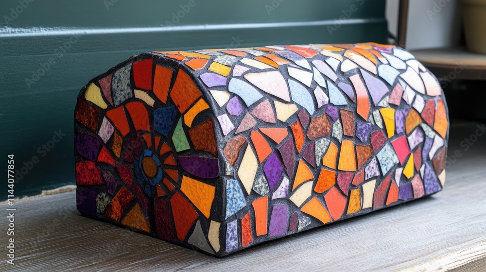 Poster handcrafted colorful mosaic doorstop featuring vibrant tiles in various shapes and textures perfect 