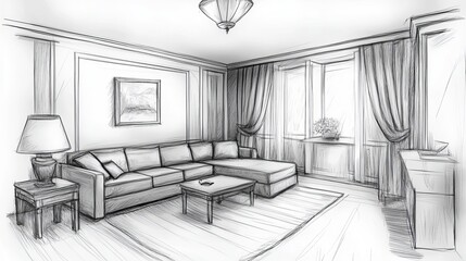  Drawn new interior of living room with grey sofa