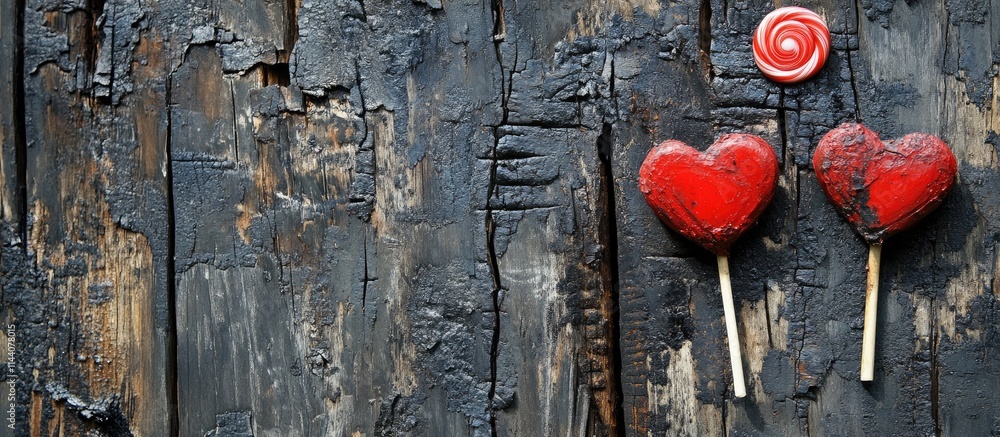 Poster heart-shaped lollipops and a red spiral candy on a backdrop of charred wooden boards creating a roma