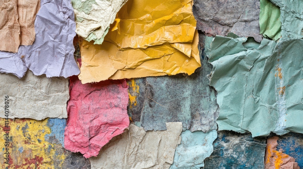 Poster textured handmade paper created from recycled materials in vibrant colors showcasing sustainable cra