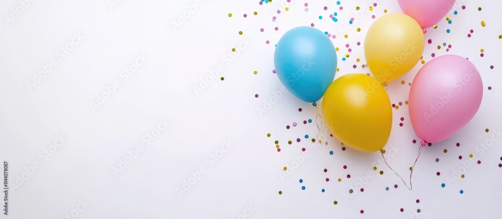 Aufkleber Colorful balloons and confetti on a white background creating a festive atmosphere with ample blank space for customizable text or messages