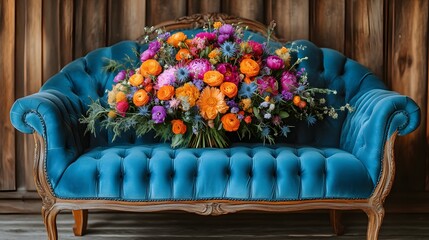 Vibrant floral bouquet on antique blue velvet couch.