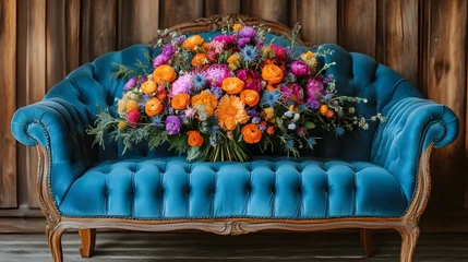 Vibrant floral bouquet on antique blue velvet couch.