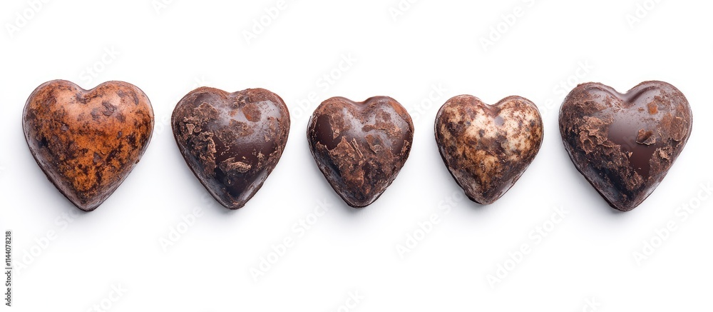 Poster chocolate heart candies arranged in a line on a clean white background showcasing their rich texture