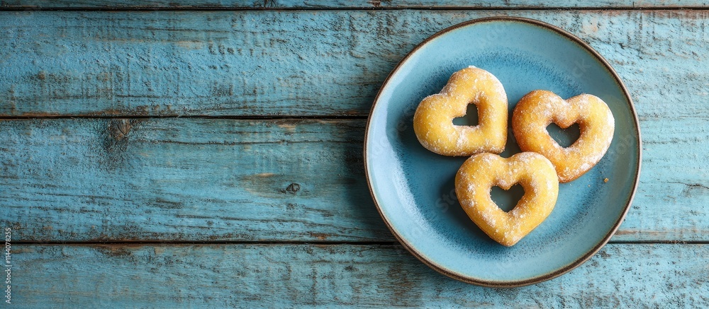 Poster heart-shaped homemade donuts on a ceramic plate against a rustic blue wooden backdrop with ample cop