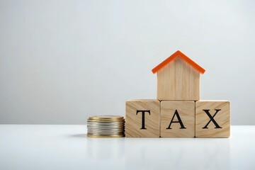 Miniature house and Wooden blocks with the word TAX on stack of coins. The concept of payment tax for house