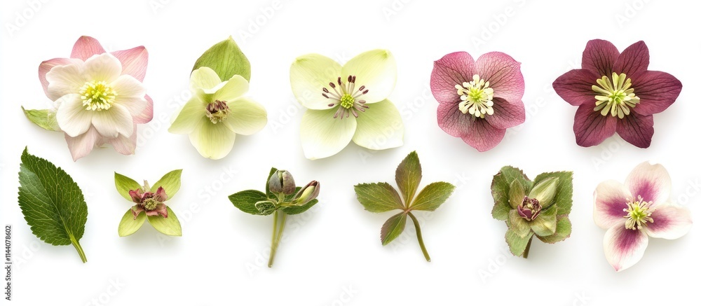 Poster hellebore flowers and seeds arrangement showcasing various colors and details on a clean white backg
