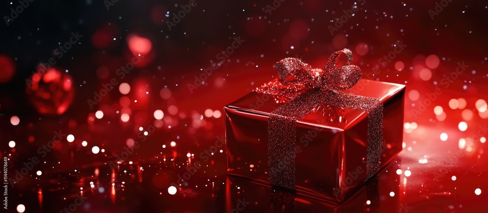 Poster elegant red christmas gift box with ribbon surrounded by festive bokeh lights creating a magical hol
