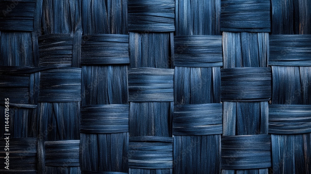 Poster Handcrafted woven mat textile in deep blue hues creating a textured background suitable for various design applications.