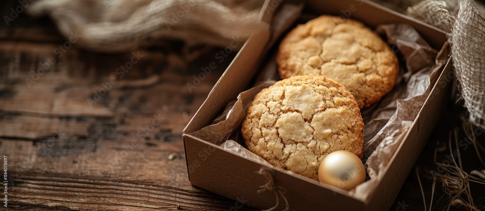 Aufkleber homemade cookies and a decorative bauble in a rustic box on a wooden table, evoking warmth and holid