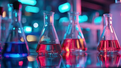 Laboratory Experiment: A captivating close-up of beakers filled with vibrant liquids, showcasing the essence of scientific discovery and innovation.