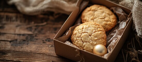 Fototapeta premium Homemade cookies and a decorative bauble in a rustic box on a wooden table, evoking warmth and holiday cheer.