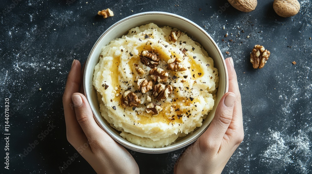 Aufkleber hands presenting a bowl of cheesy mashed potatoes topped with roasted walnuts and black pepper on a 