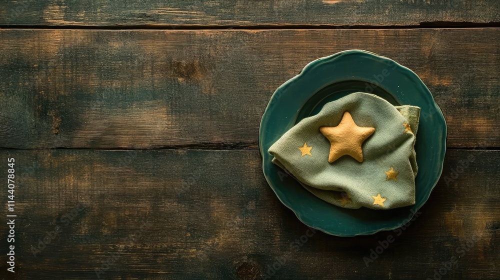 Poster handmade table setting with star-shaped cookie resting on a napkin on rustic wooden table background