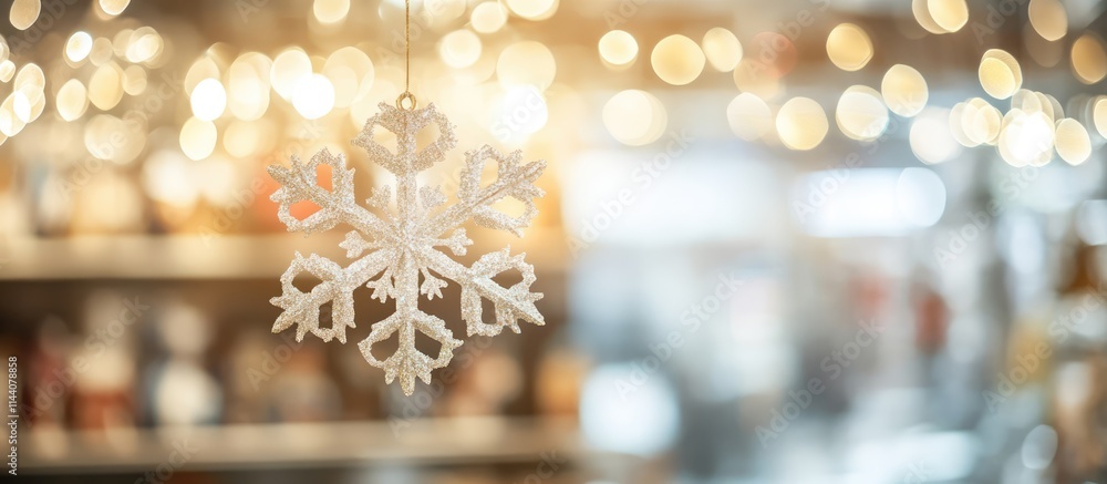 Aufkleber snowflake decoration in a shop display against a blurred bokeh lights background for winter holidays