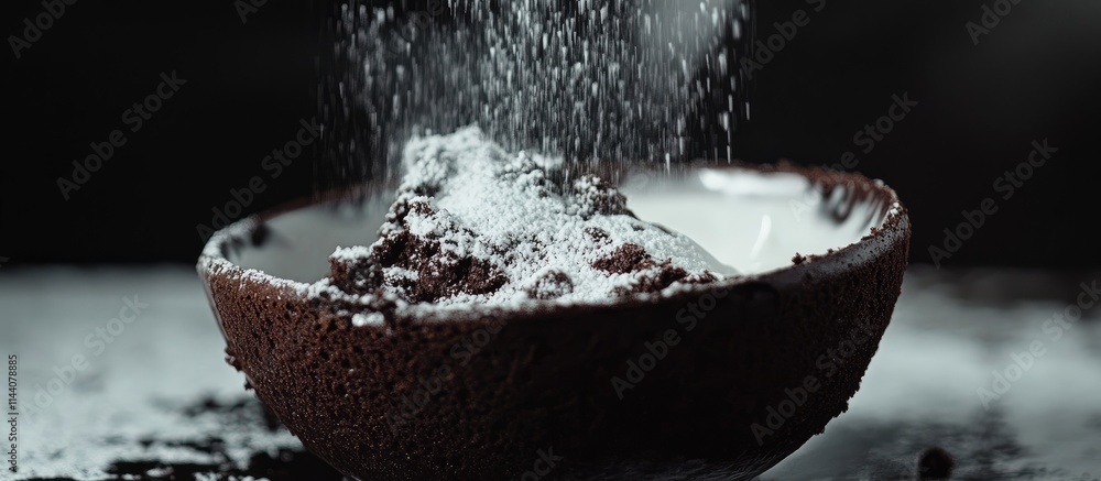 Poster chocolate cake with vanilla topping and icing sugar served with milk and cream on a dark background 