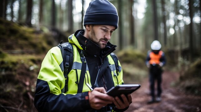 A GIS Technician performing outdoor fieldwork using a GPS device and tablet computer to collect geographic data and information for mapping spatial analysis and environmental