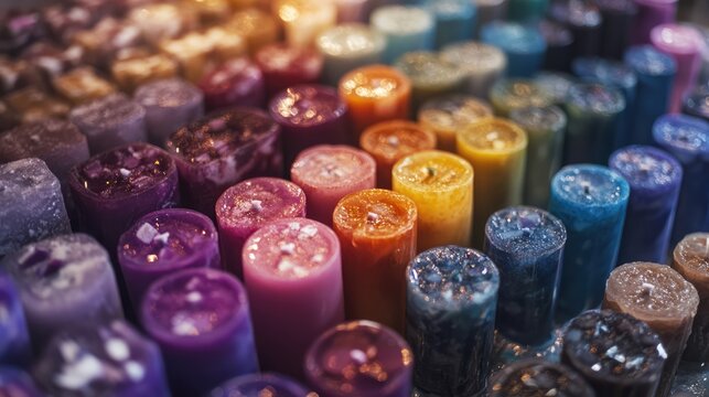 Colorful handmade wax candles arranged in a vibrant array showcasing unique textures and hues on a blurred background.
