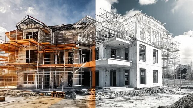 From Blueprint to Reality:  A split-screen image captures the transformative journey of a new construction project.  The left side showcases the intricate scaffolding and raw materials.
