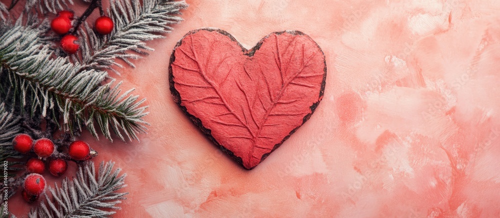 Poster red heart shaped decoration with leaf pattern on a pink background surrounded by evergreen branches 