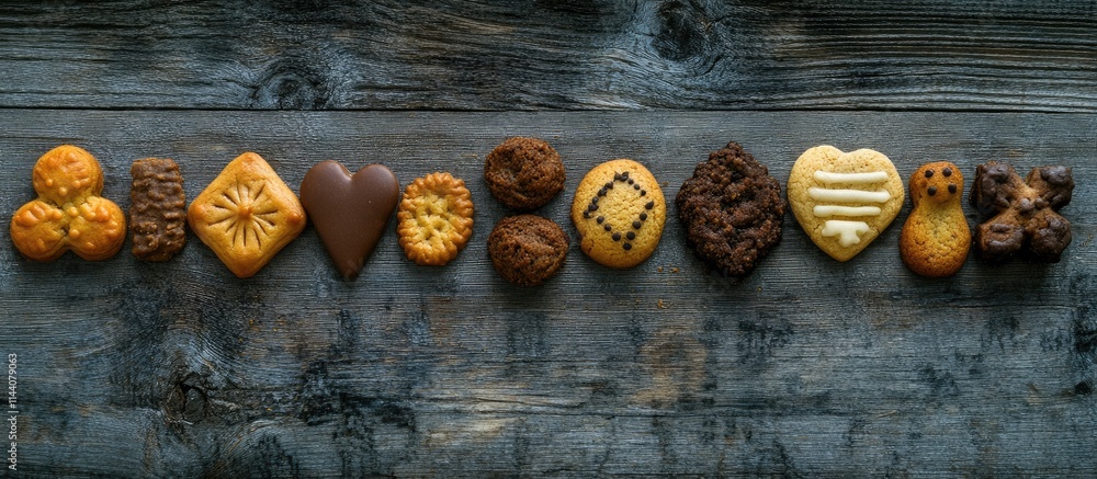 Aufkleber High angle view of assorted colorful cookies with various shapes arranged on a rustic wooden background for a festive atmosphere