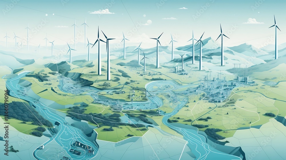 Poster comprehensive map depicting the complex network of renewable energy infrastructure including wind fa