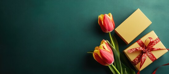 Fototapeta premium Aerial view of a gift box and tulip flowers on a green backdrop for Mother's Day celebration with space for your personalized message