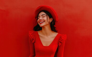 Naklejka premium A cheerful woman in a red dress and matching red beret, framed by a bold red background