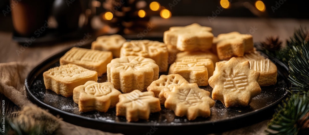 Poster homemade shortbread cookies in festive shapes on a decorative tray creating a warm and inviting baki