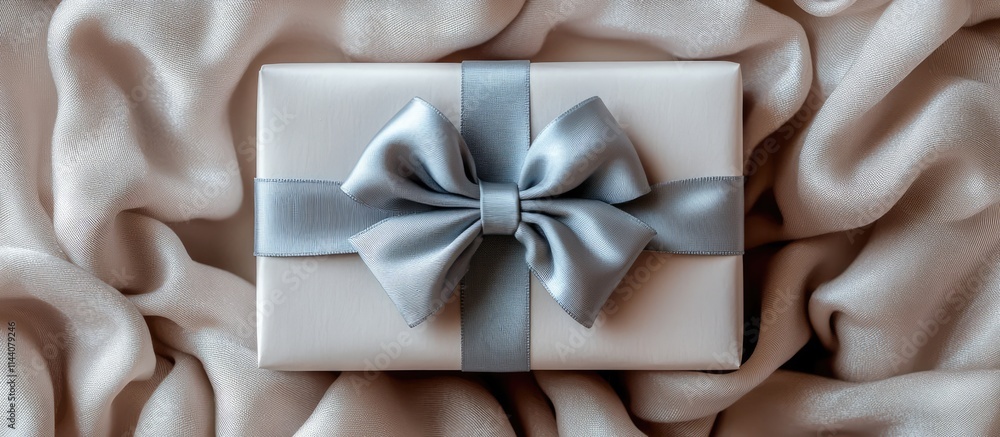 Poster elegant holiday gift box with gray ribbon on soft fabric backdrop ideal for birthdays or special occ