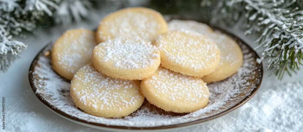 Poster Homemade cookies with icing sugar arranged on a plate surrounded by snowy fir tree branches in a cozy winter setting