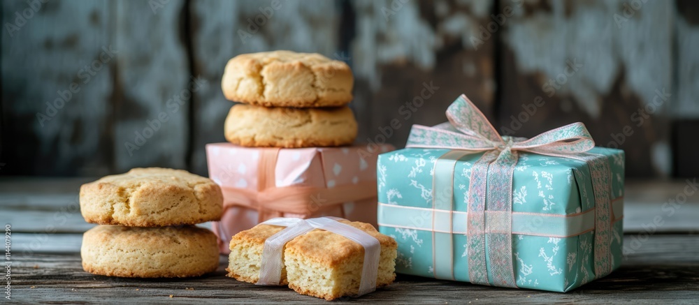 Aufkleber high angle view of assorted biscuits next to beautifully wrapped gift boxes on rustic wooden backgro