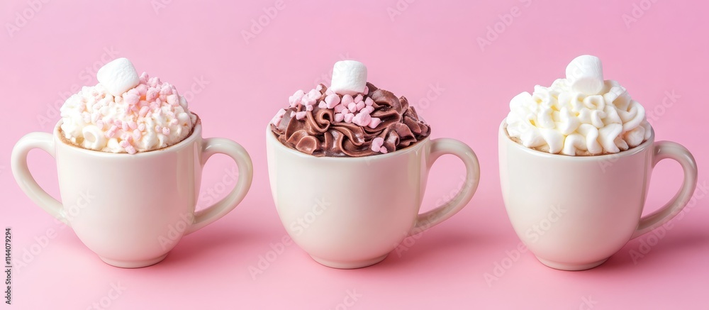 Aufkleber decadent hot chocolates topped with colorful whipped cream and marshmallows in elegant mugs on a pas