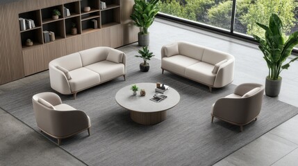 Modern office lounge with sofas, armchairs, and coffee table.