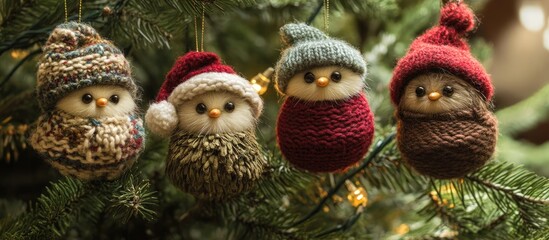 Knitted owl ornaments in festive hats adorning a Christmas tree with twinkling lights and cozy holiday spirit.