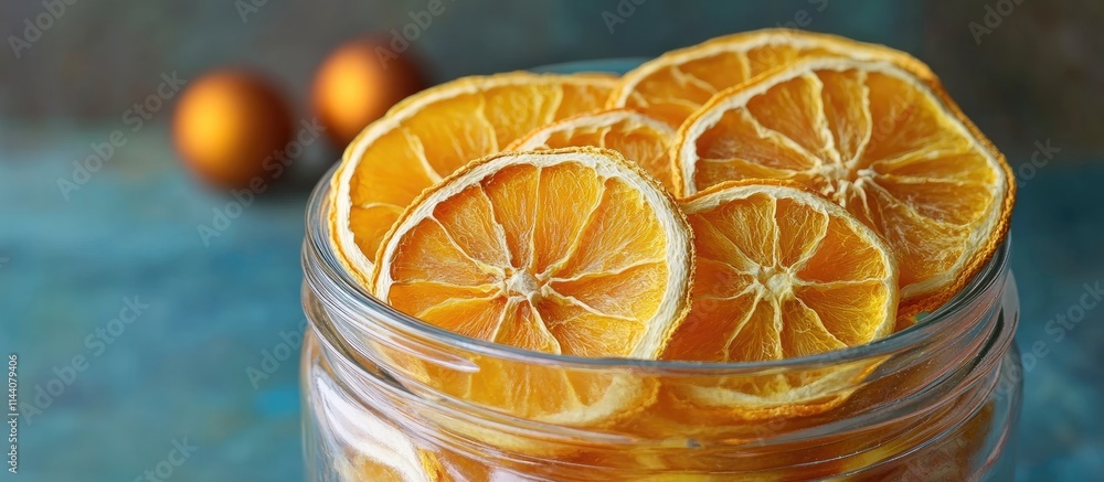 Poster dried orange slices in a glass jar as festive decoration with christmas elements in the background c