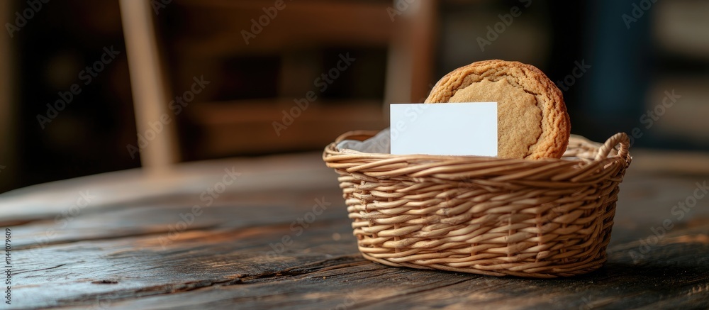 Poster Homemade gingerbread cookie in a wicker basket with a blank card for personal message on a rustic wooden table setting.