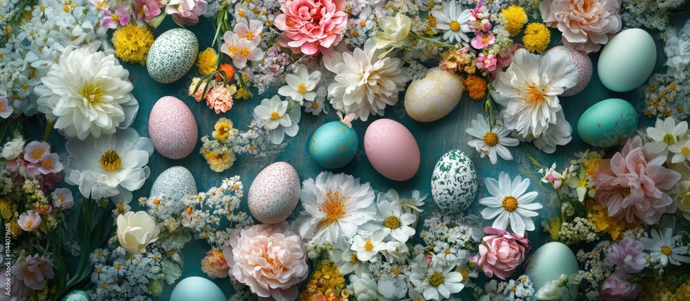 Poster easter celebration invitation card design with colorful eggs and spring flowers on a wooden backdrop