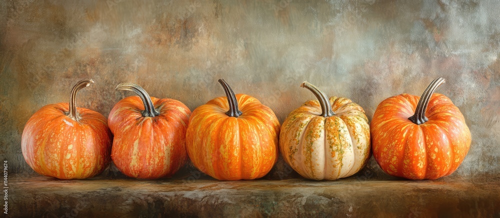 Poster Thanksgiving Day greeting card featuring an elegant arrangement of pumpkins on a textured autumn backdrop with ample copy space for text