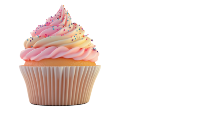 Colorful cupcake with pink and yellow frosting topped with sprinkles against a transparent background.