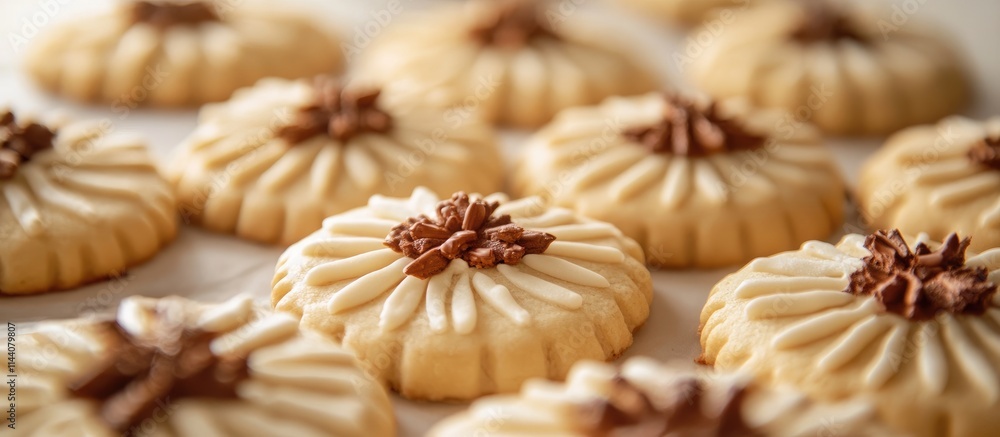 Poster freshly baked decorative cookies with chocolate accents arranged beautifully on a display surface in