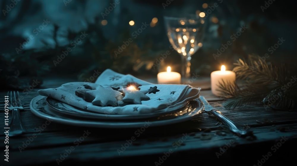Poster cozy holiday table setting with handmade napkins stars and candles creating a warm ambiance on a woo