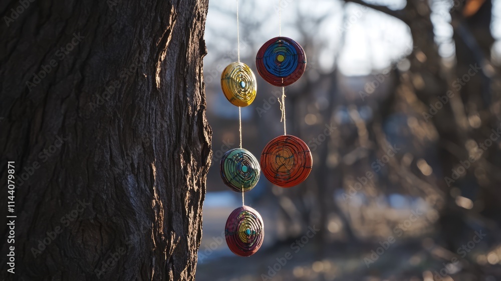 Aufkleber colorful handmade wind chime mobile hanging from a tree branch with a blurred natural background