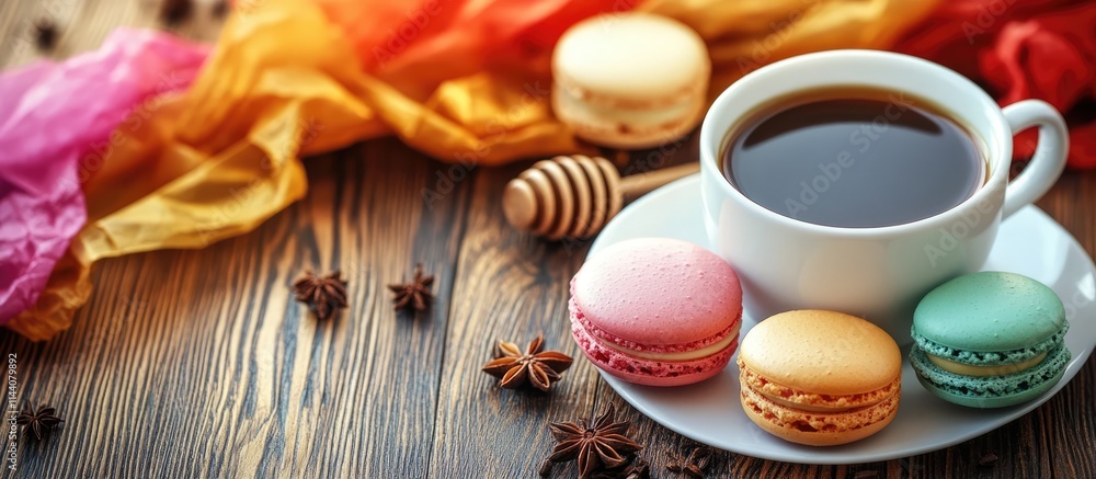 Poster colorful macarons with coffee on a rustic wooden table decorated with honey and vibrant tissue fabri