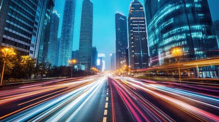 Obraz premium A city street with a lot of traffic and tall buildings