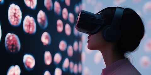 A woman wearing a virtual reality headset is looking at a screen with many small pink dots. Concept of wonder and curiosity as the woman explores the virtual world