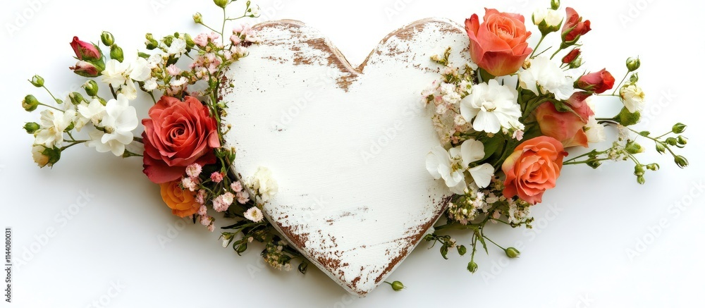 Poster rustic white heart surrounded by colorful flowers with a blank label sign for customization and deco